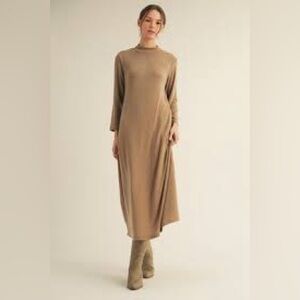 Mod Ref Long Sleeve Knit Midi‎ Dress Mock Neck Casual Comfort Beige Neutral